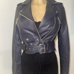 LTH JKT Navy Blue Cropped Biker Jacket